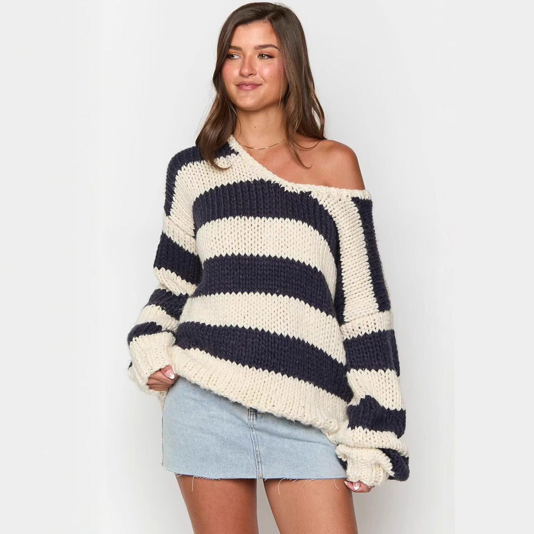 Knitted Sweater Oblique Shoulder