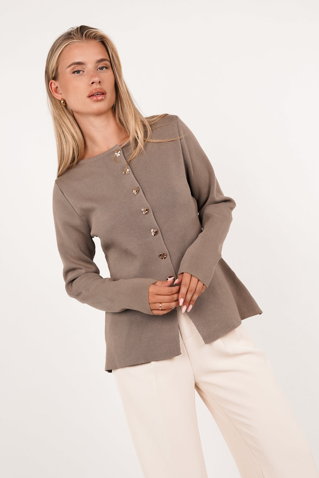 Cardigan met gouden knopen taupe - Kitty