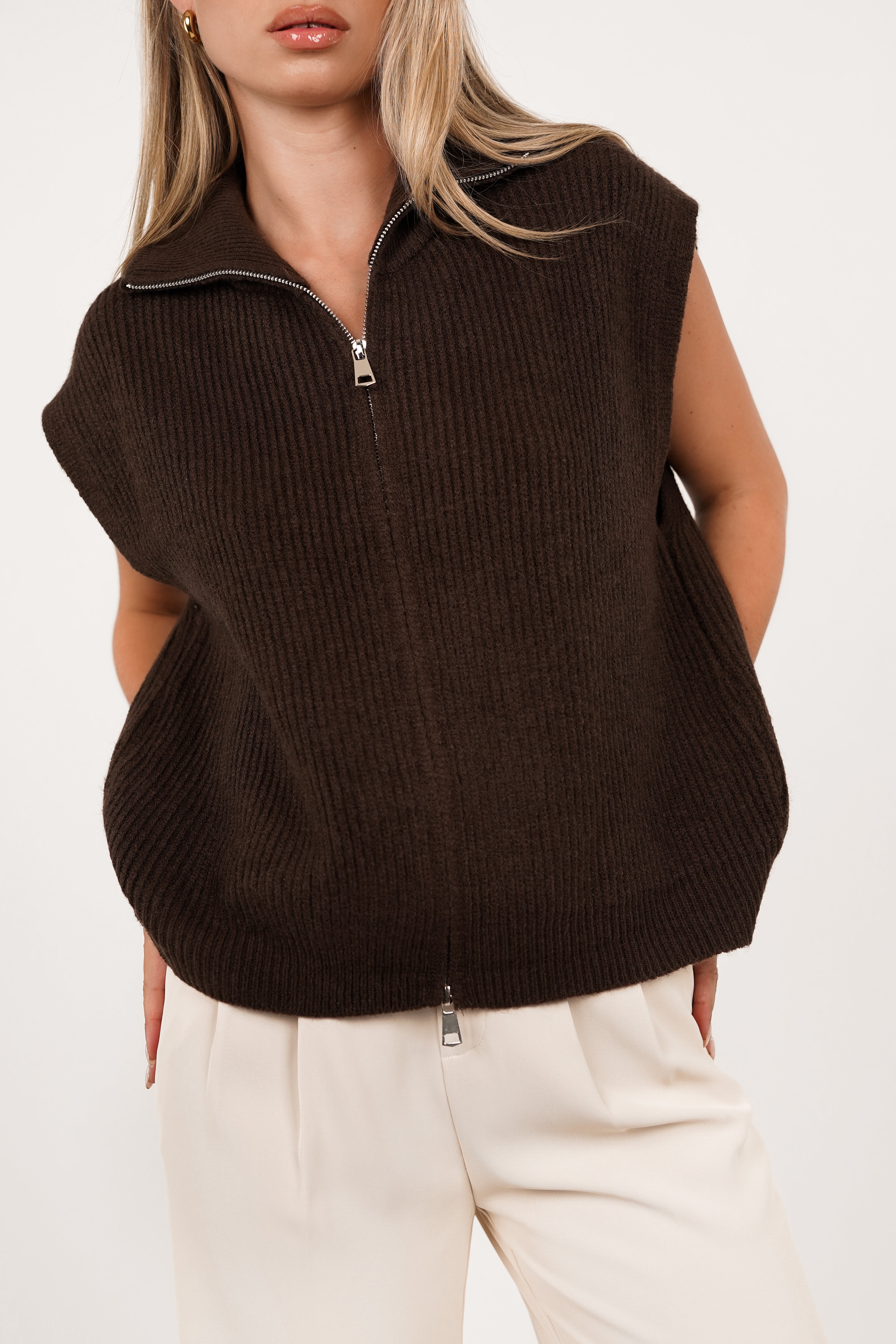 Gilet gebreid met rits bruin - Mexi