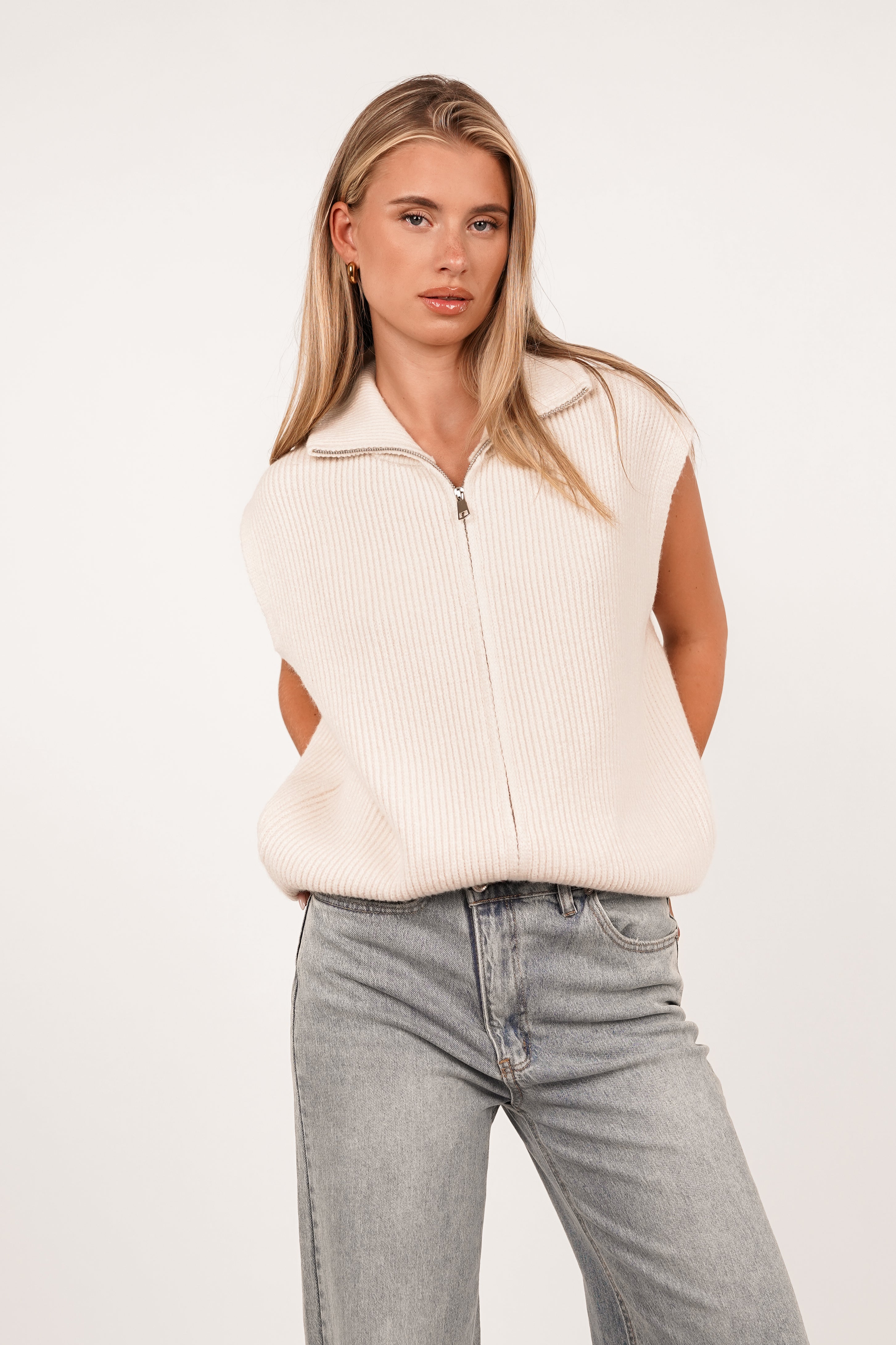 Gilet gebreid met rits creme - Mexi