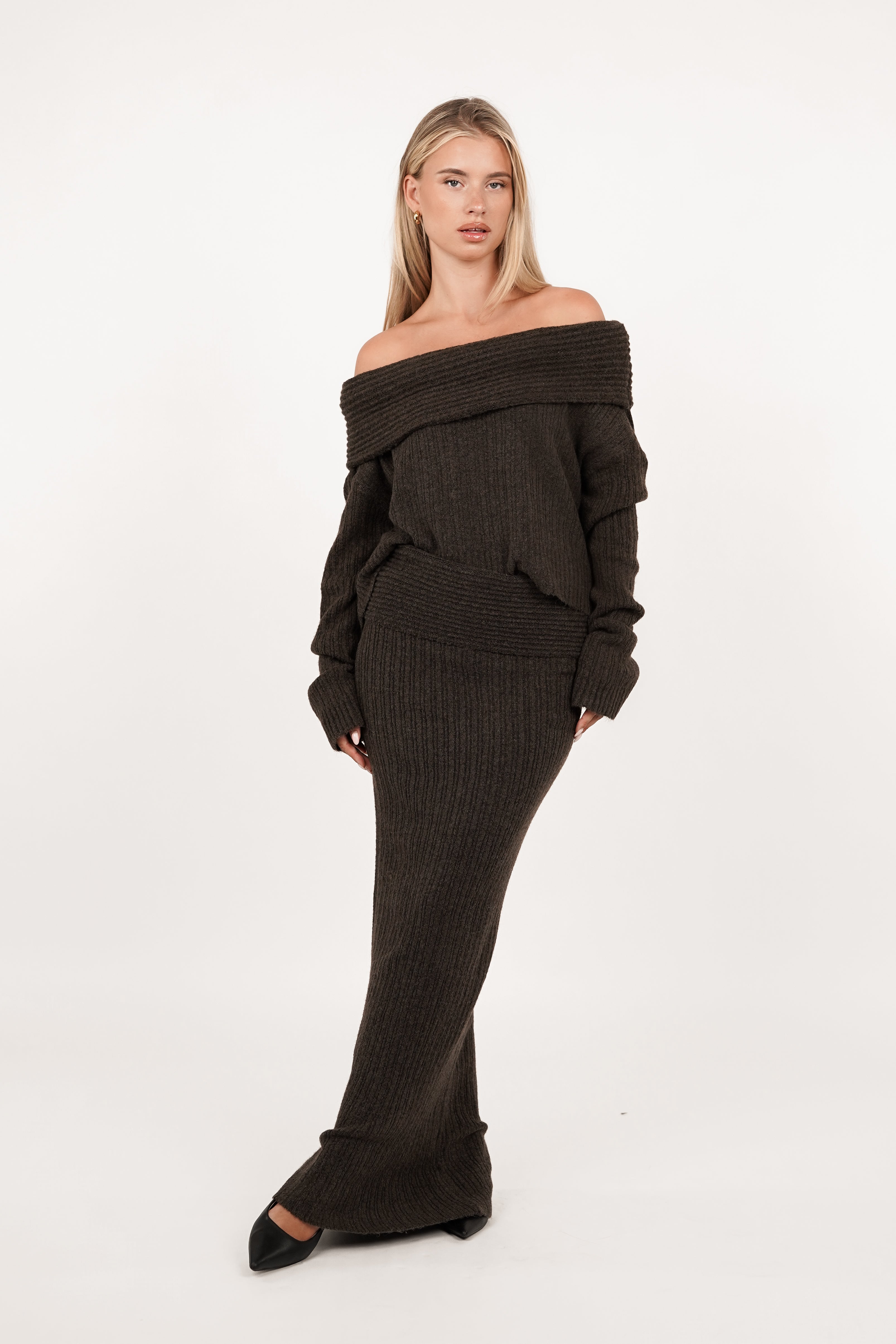 Off shoulder top knitted bruin - Shay