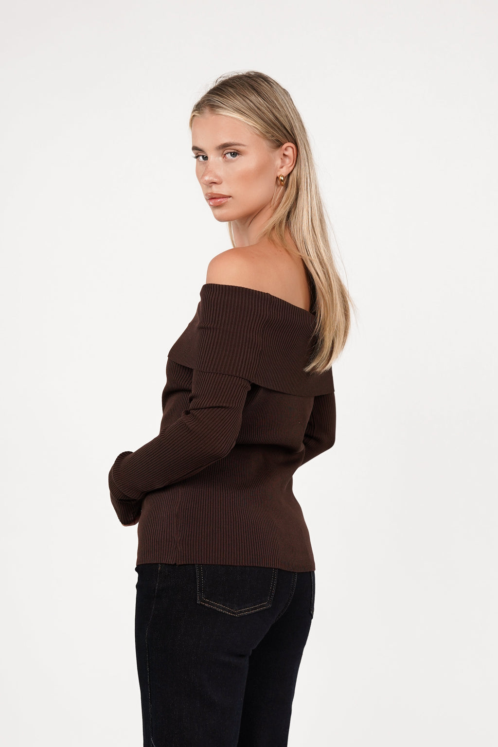 Off shoulder top knopen bruin - Harlow