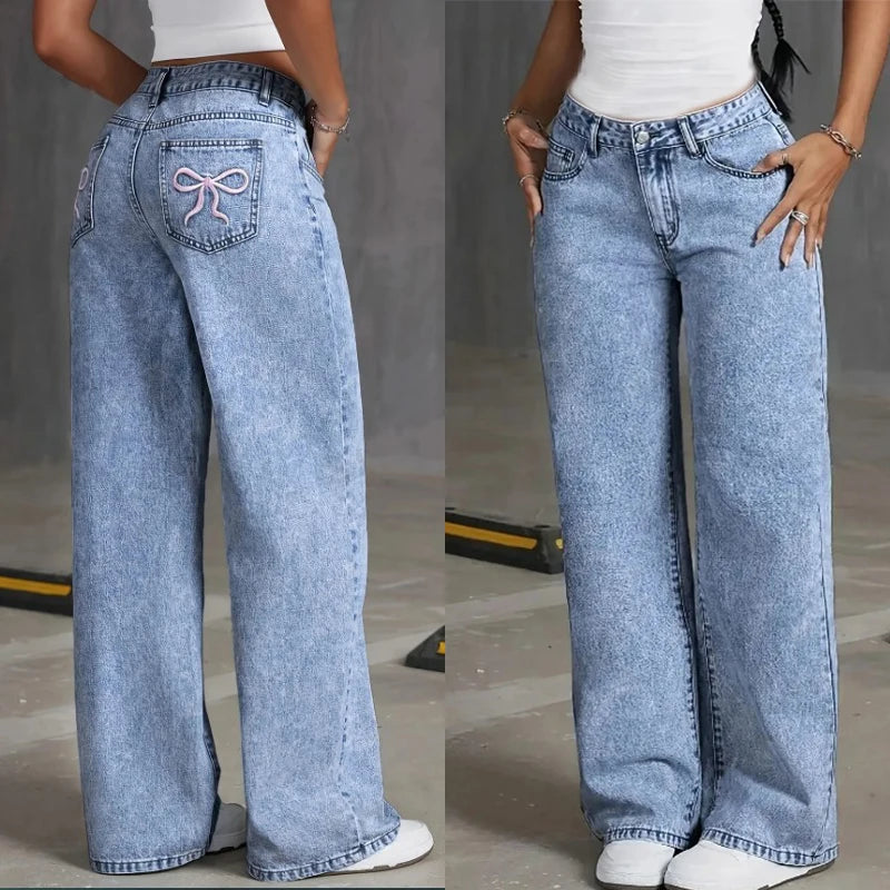 Denim Bow Wide Leg Jeans